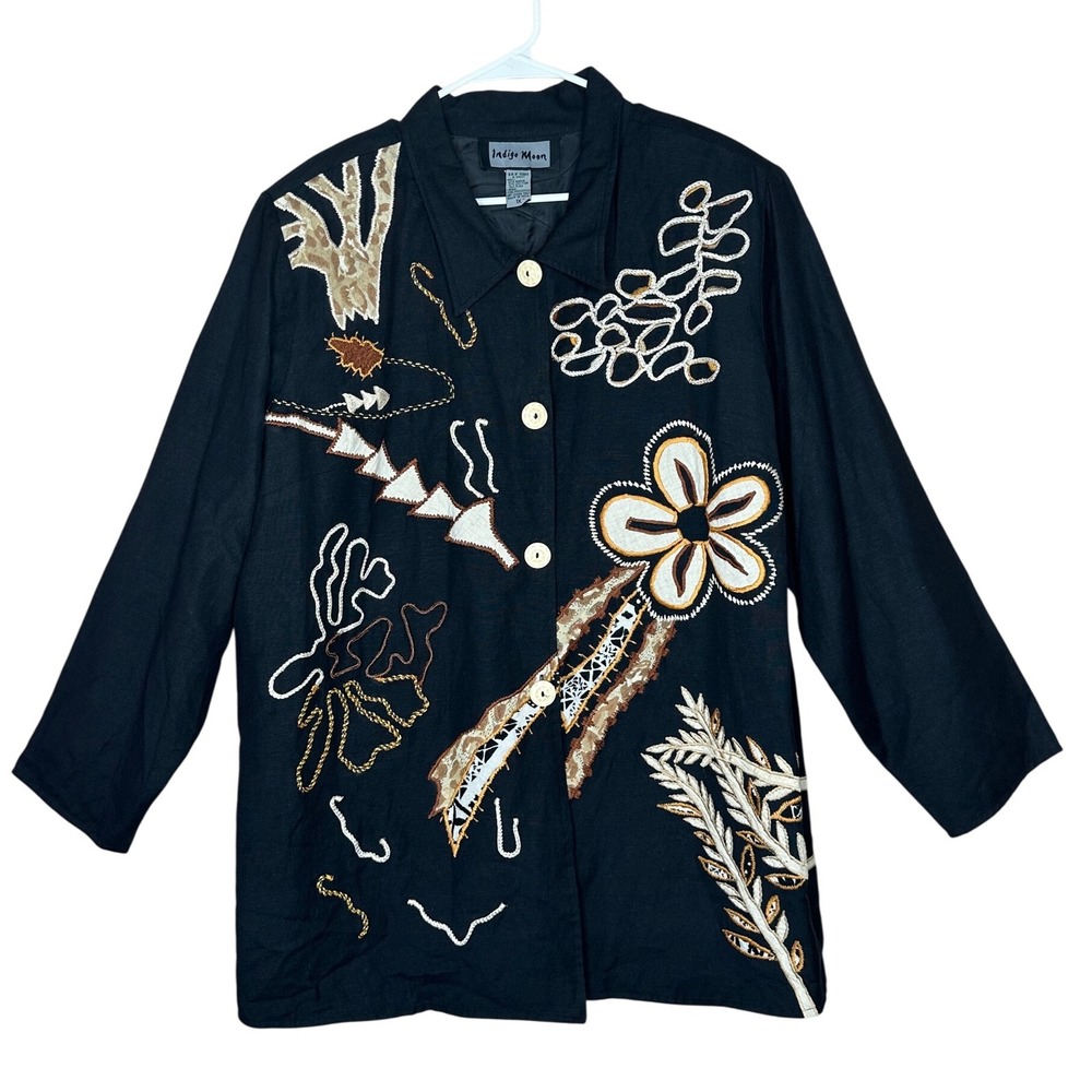 Indigo Moon VTG Black Embroidered Flower‎ Dressy Lined Jacket 1X Boho Artsy